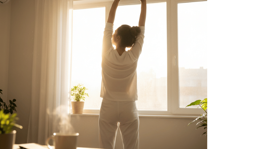 朝日に向かって、背伸びの女性の後ろ姿。