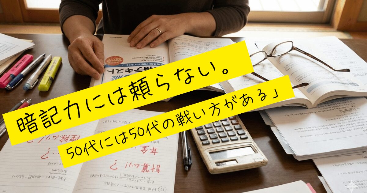 テキストを広げ勉強に集中する50代