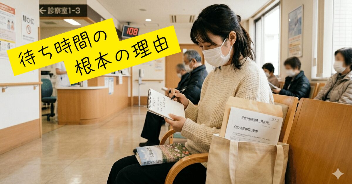 病院の待合室で、手帳を買う人するマスクの女性。