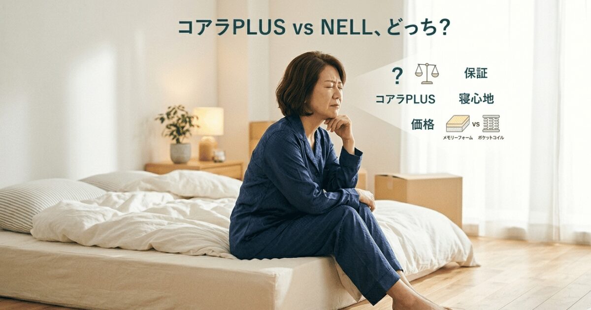 マットレスの上に座って考える女性(横顔、明るいトーン)。選択肢を検討している雰囲気でお願いします