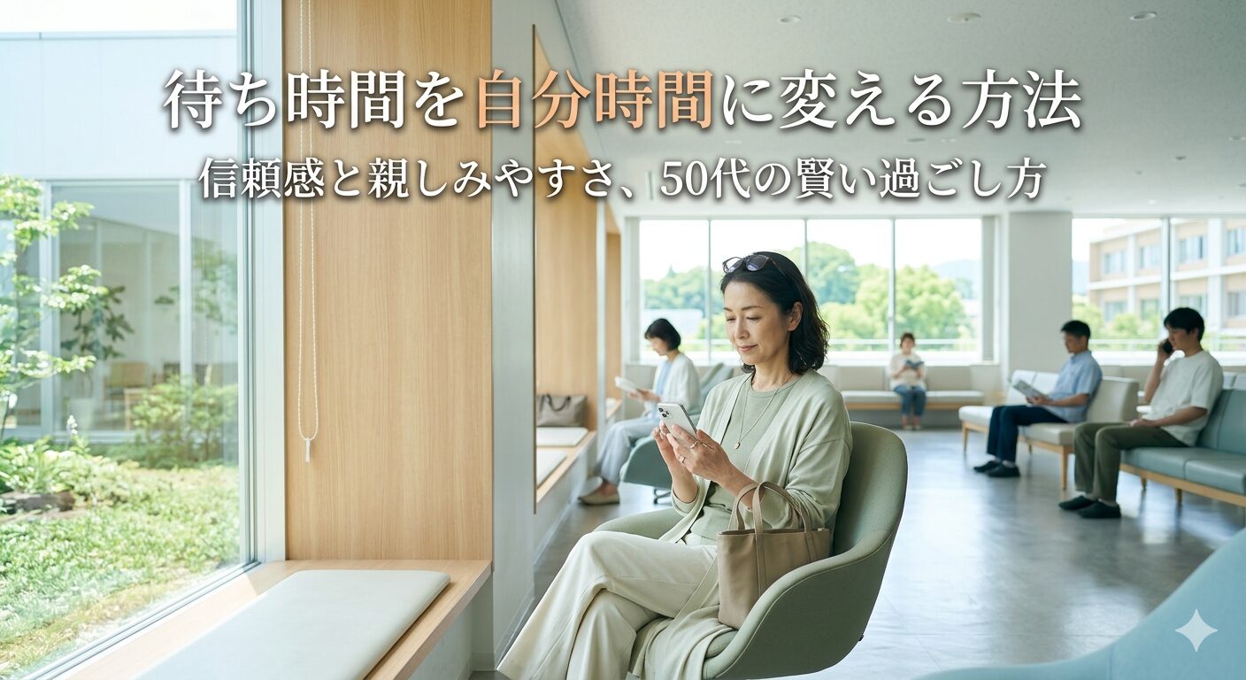 大学病院の広い待合室を背景に、50代女性がスマホを見ながらゆったり座っている構図