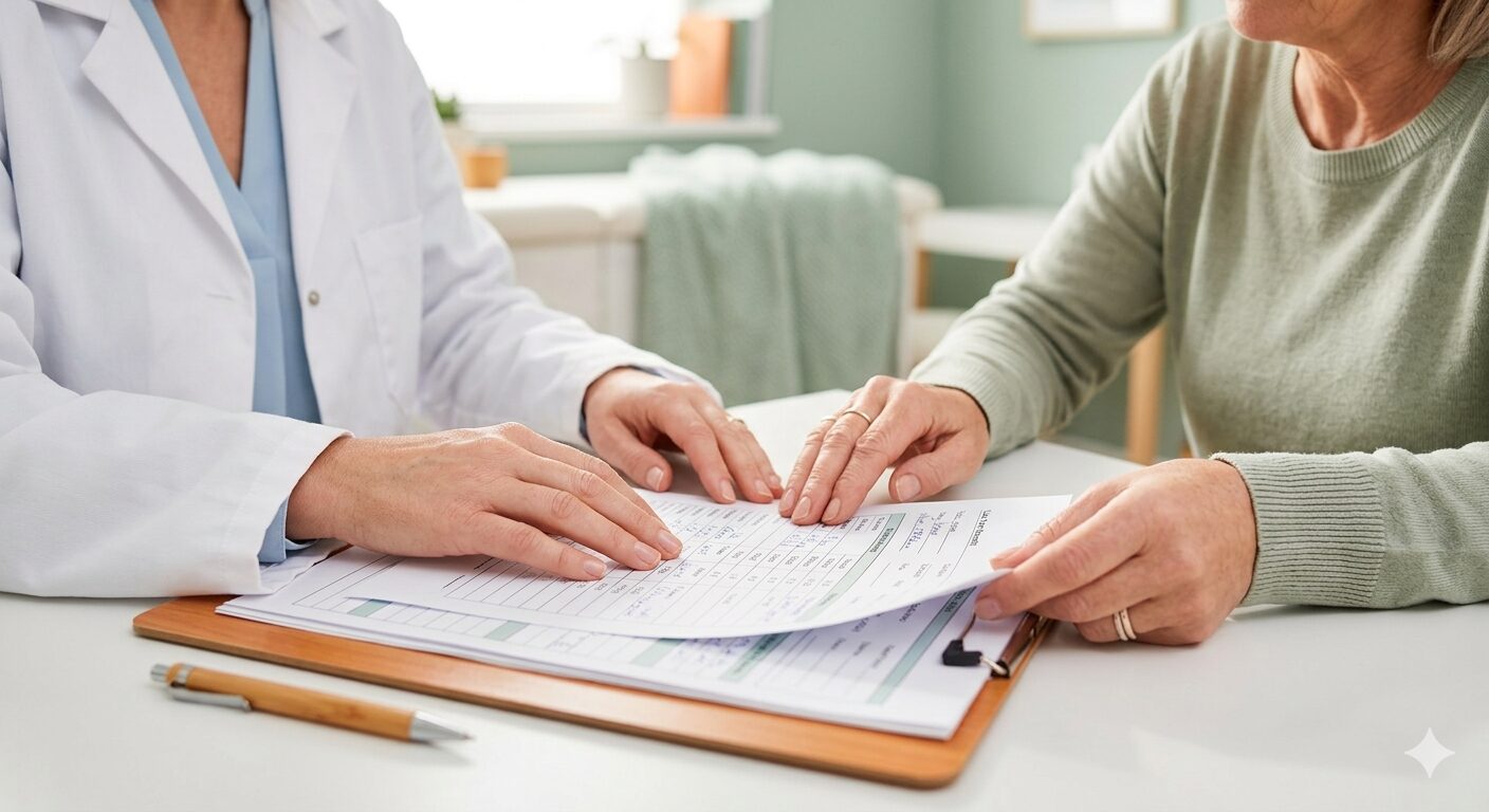 白衣の医療スタッフと患者の手元（カルテや検査表）のクローズアップ。「丁寧に診てもらっている」という安心感を前面に。