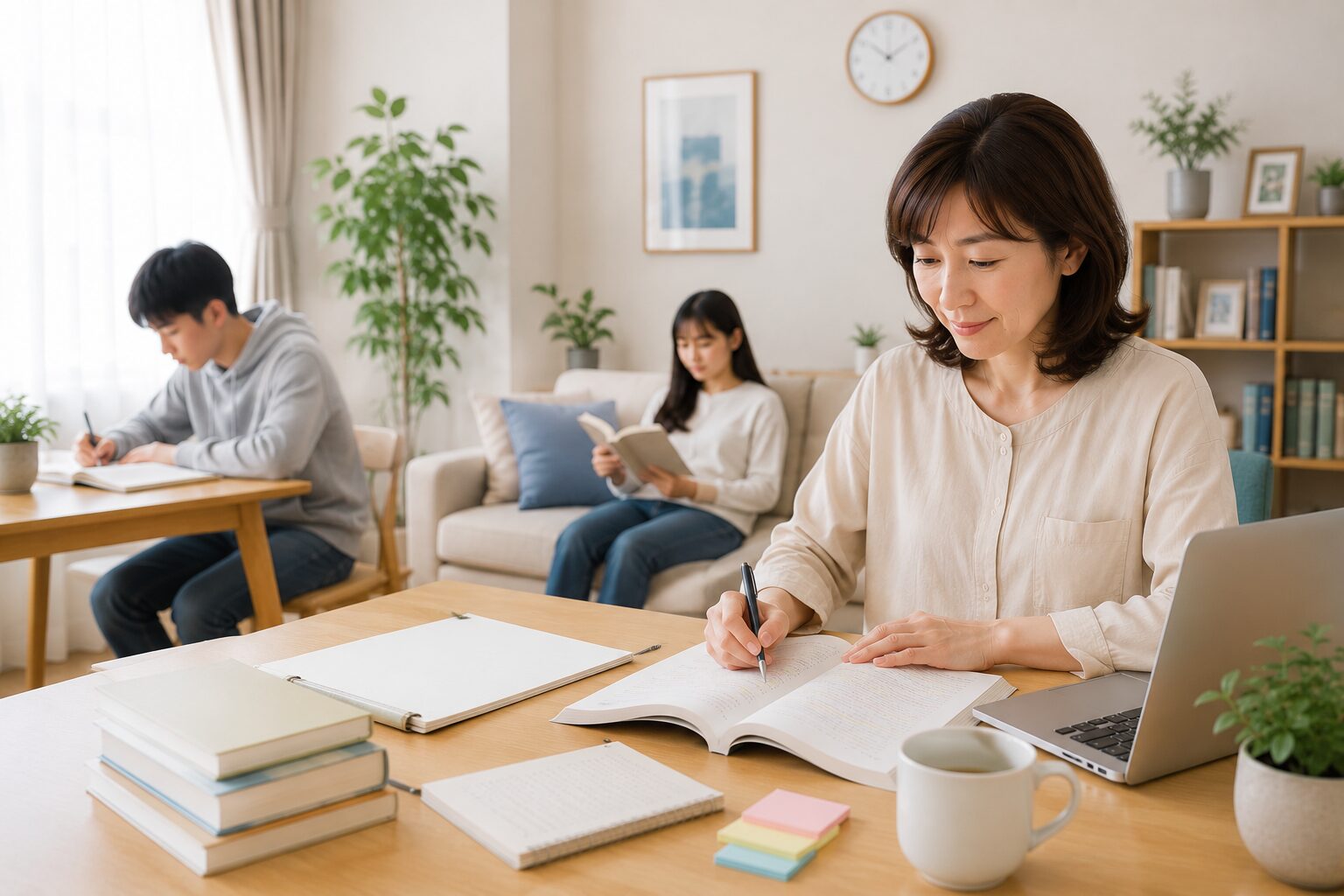 家族、子供達とリビングでテキスト開いて勉強している40代女性。