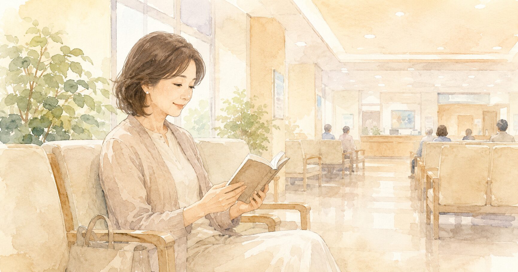 大きな病院の待合室で、椅子に座って文庫本を読みながら 　落ち着いて待っている50代の女性