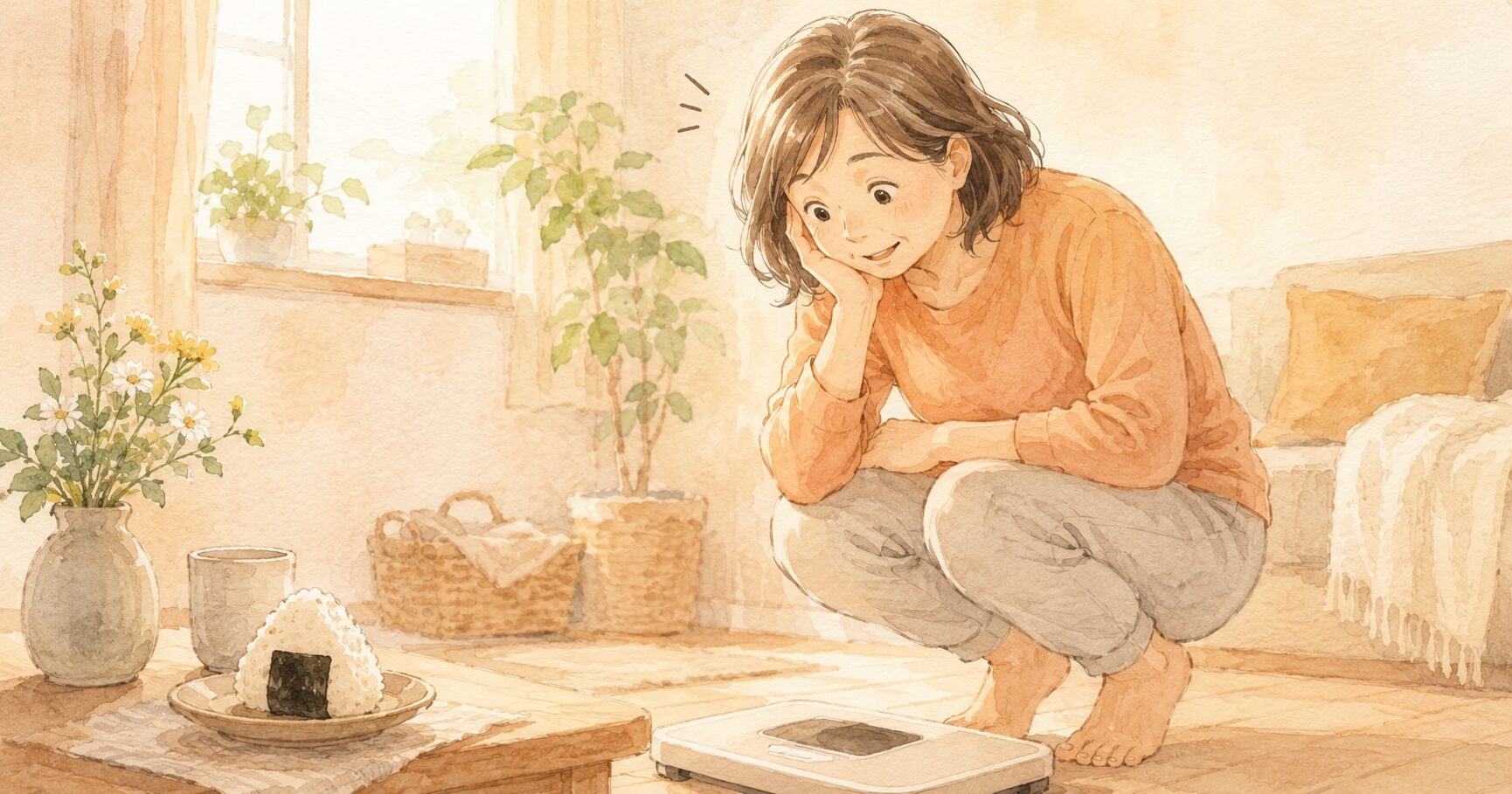 50代くらいの女性が体重計を見て「あら？」と苦笑いしている場面 ・そばに朝食のおにぎりをひとつ。