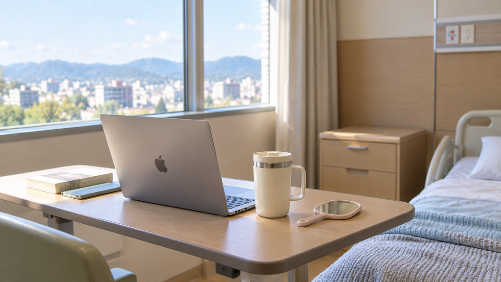 病院のベット、テーブルにMacBook、蓋付きマグカップ、手鏡。