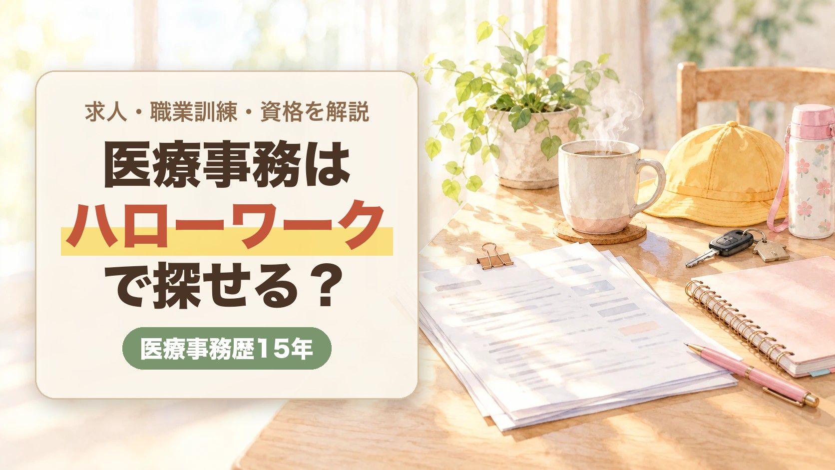 朝の光が入るダイニングテーブルに、求人票・手帳・マグカップ・子どもの黄色い帽子が置かれた水彩イラスト